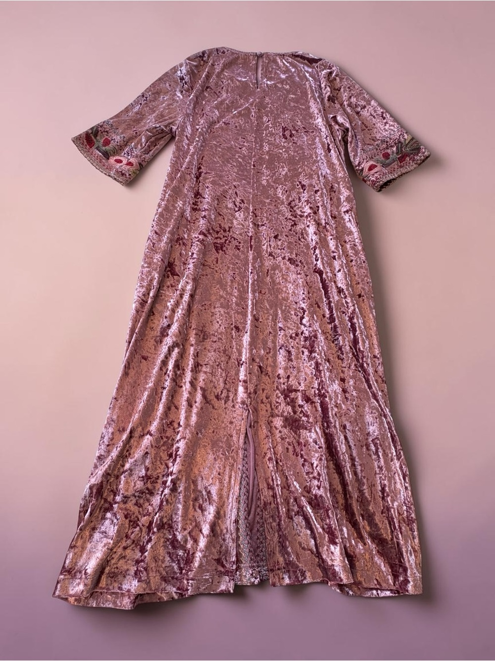 Orange Creek Floral Embroidered Crushed Velvet Dress S Mauve Midi Boho Flapper - Picture 2 of 13